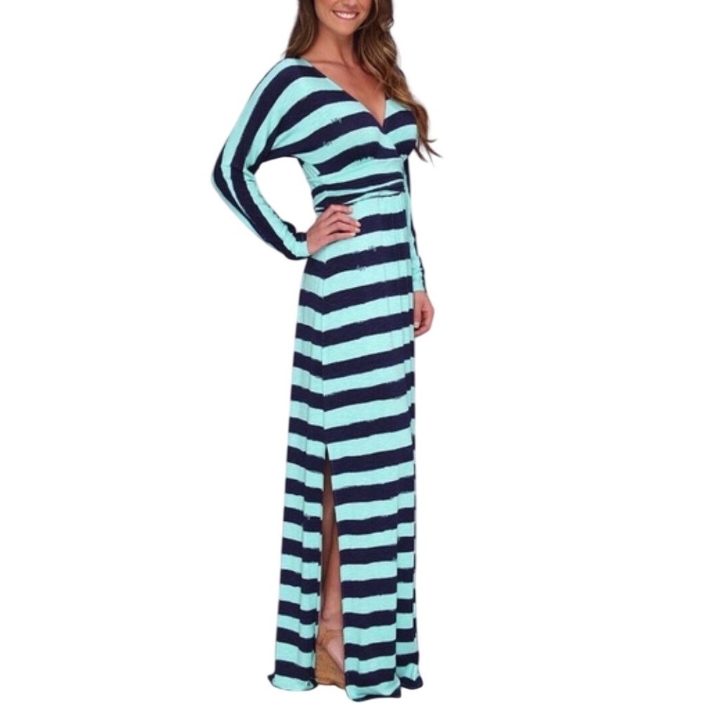Lilly Pulitzer Riana Maxi Dress Size M Blue Green Excellent Striped V-Neck Slub